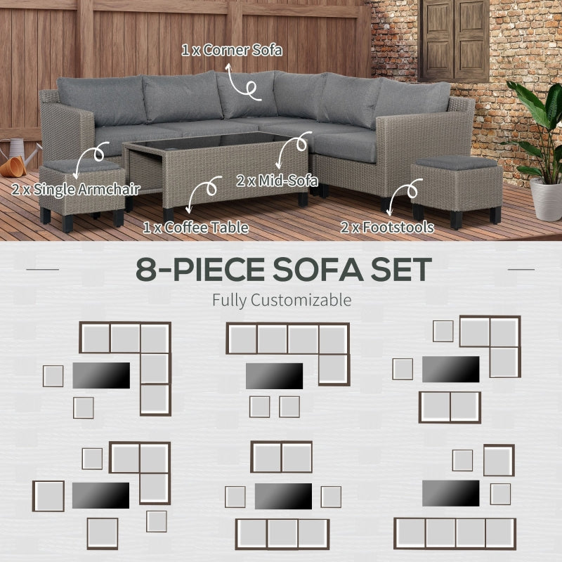 Outsunny 7-Seater PE Rattan Sofa Set Wicker Garden Furniture Patio Conservatory Corner Sofa, w/ Tempered Glass Coffee Table & Cushions, Grey