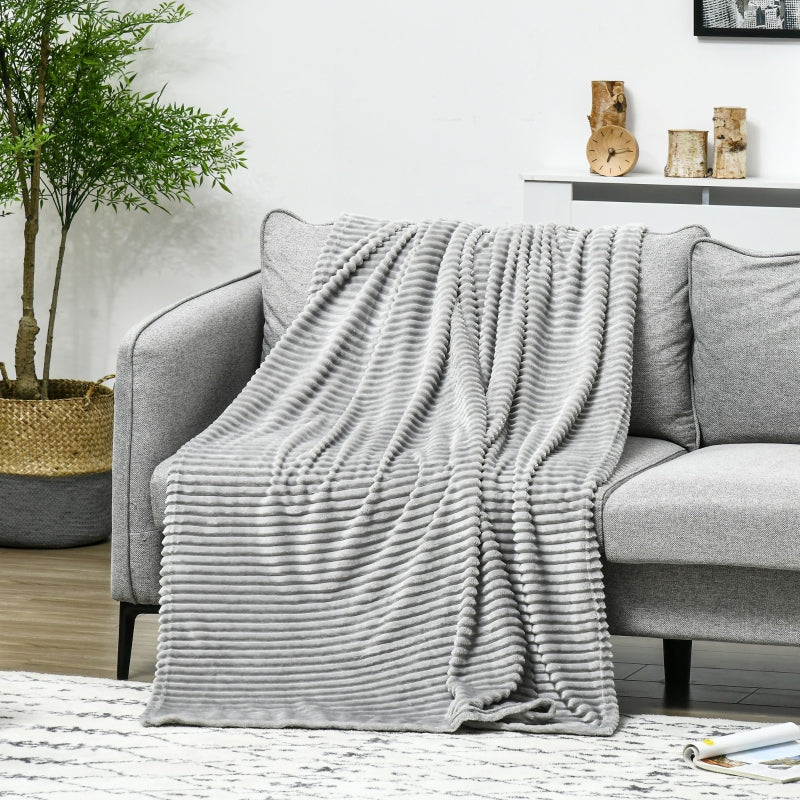 HOMCOM Flannel Fleece Throw Blanket, Fluffy Warm Flannel Blankets, Striped Reversible Travel Bedspread, Single Size, 152 x 127cm, Grey