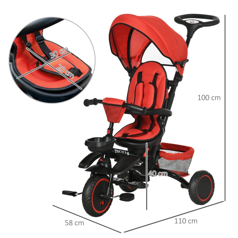 HOMCOM 7-in-1 Tricycle for Kids, Baby Trike with Rotatable Seat, Adjustable Push Handle, Safety Harness Detachable Canopy Semi-reclining Footrest Red