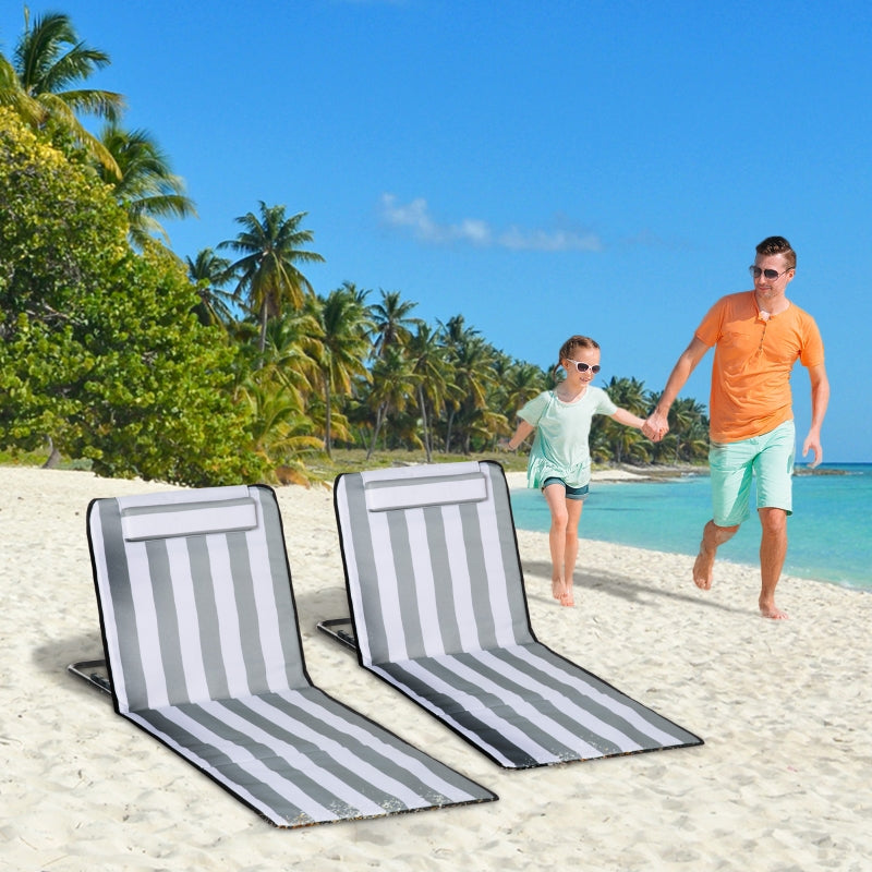 Outsunny Set of 2 Foldable Garden Beach Chair Mat Lightweight Outdoor Sun Lounger Seats Adjustable Back Metal Frame PE Fabric Head Pillow, Light Grey