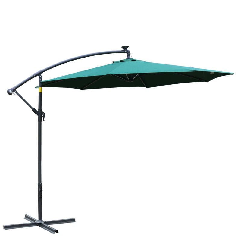 Outsunny 3m LED Cantilever Patio Banana Parasol w/ Crank Cross Base Hanging Offset Umbrella Frame Steel Aluminium Garden Table Outdoor Green