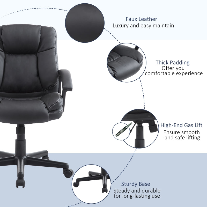 HOMCOM Swivel Executive Office Chair Mid Back Faux Leather Computer Desk Chair for Home with Double-Tier Padding, Arm, Wheels, Black