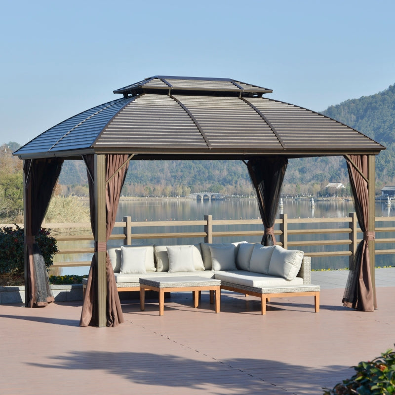 Outsunny 3.65 x 3(m) Hardtop Steel Gazebo Canopy for Patio Heavy Duty Outdoor Pavilion with Aluminum Alloy Frame, Double Roof, Brown