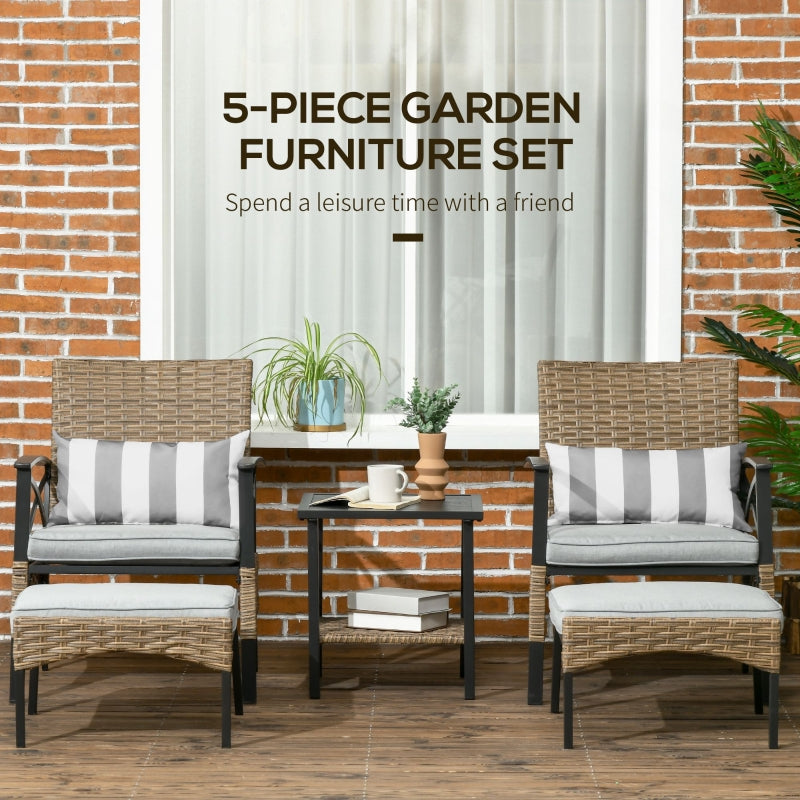 Outsunny 5 Piece PE Rattan Garden Furniture Set, 2 Armchairs, 2 Stools, Steel Tabletop with Wicker Shelf, Padded Outdoor Seating, Grey