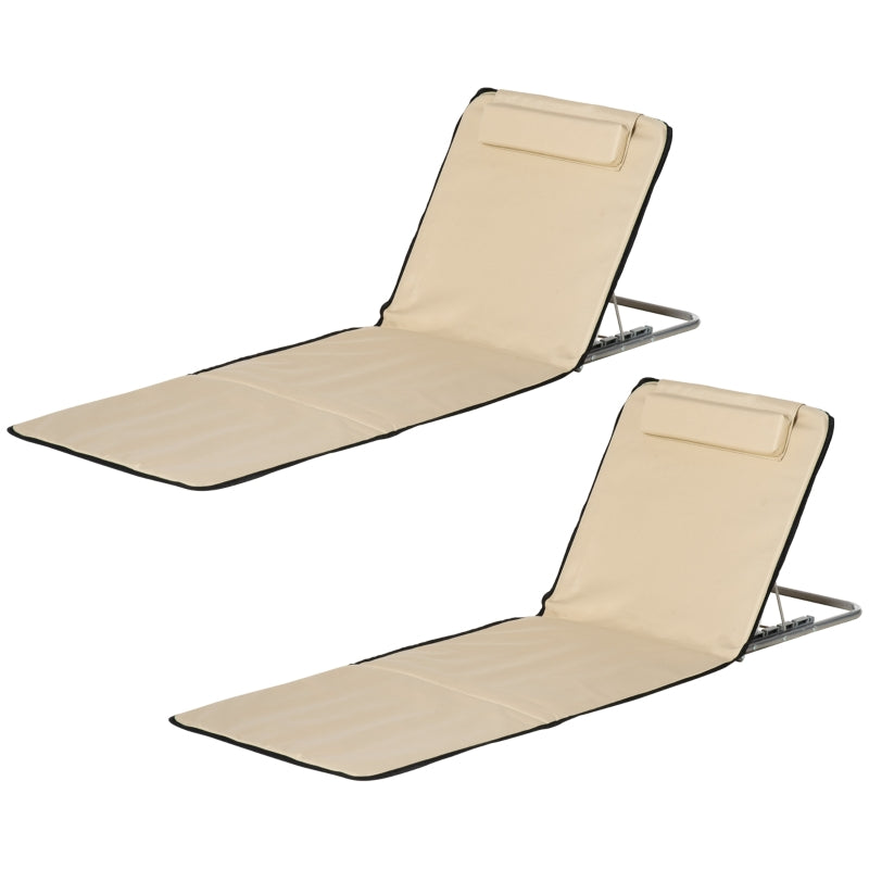 Outsunny Set of 2 Foldable Garden Beach Chair Mat Lightweight Outdoor Sun Lounger Seats Adjustable Back Metal Frame PE Fabric Head Pillow, Beige