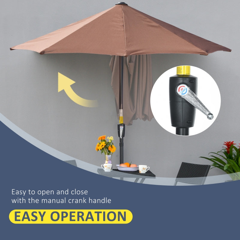 Outsunny 2m Half Parasol Market Umbrella Garden Balcony Parasol with Crank Handle, Base, Double-Sided Canopy, Coffee