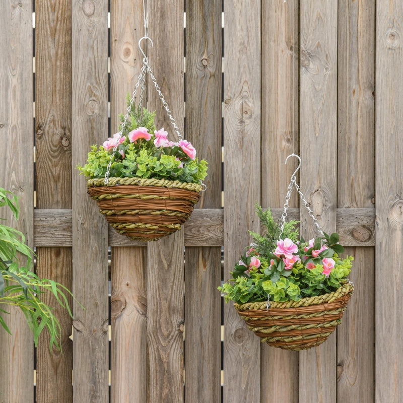 Outsunny Set of 2 Artificial Plant Lisianthus Flowers Hanging Planter with Basket for Indoor Outdoor Decoration