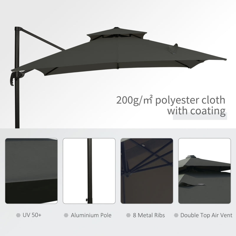 Outsunny 3 x 3(m) Garden Cantilever Roma Parasol with Crank and Tilt, Square Overhanging Patio Umbrella with 360° Rotation, Sun Shade Canopy with Base