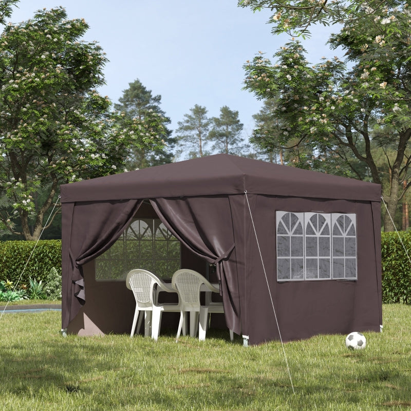 Outsunny 3 x 3 Meters Pop Up Water Resistant Gazebo Wedding Camping Party Tent Canopy Marquee - Coffee + Free Carry Bag + 2 walls 2 windows