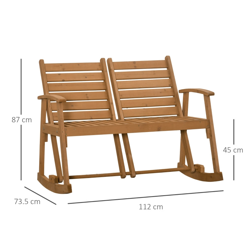 Outsunny Wooden Garden Rocking Bench with Adjustable Backrests, 2-Seater Rustic Rocking Chair Loveseat with Slatted Seat and Armrests