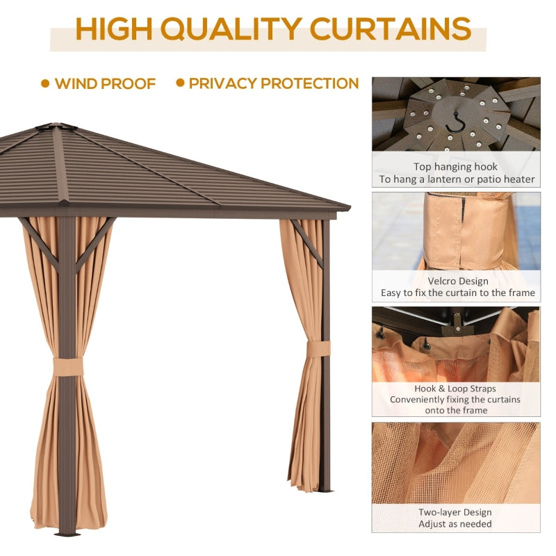 Outsunny 3 x 3 Meters Patio Aluminium Gazebo Hardtop Metal Roof Canopy Party Tent Garden Outdoor Shelter with Mesh Curtains & Side Walls - Brown