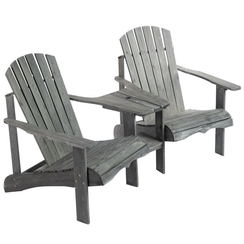 Outsunny Wooden Outdoor Double Adirondack Chairs Loveseat w/ Center Table and Umbrella Hole, Garden Patio Furniture for Lounging and Relaxing, Grey