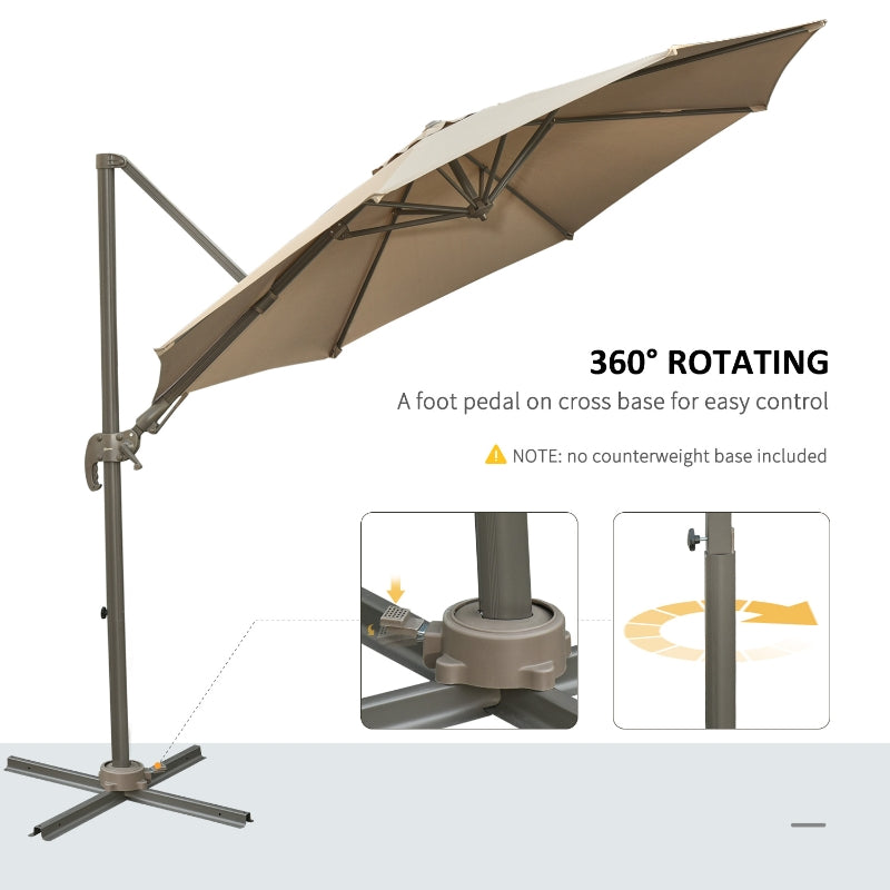 Outsunny 3M Cantilever Patio Parasol Roma Umbrella Hanging Sun Shade Canopy Cover Tilt Crank 360 Degree Rotating System Khaki