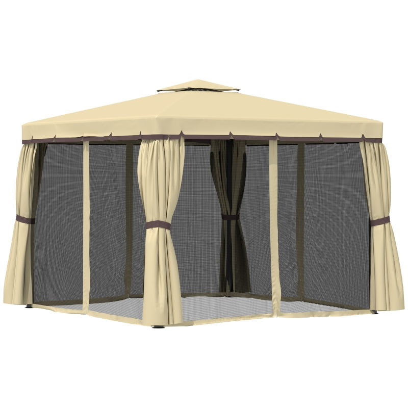 Outsunny 3 x 3(m) Garden Gazebo Pavilion Tent Shelter with 2 Tier Water Repellent Roof, Mosquito Netting and Curtains, Aluminium Frame, Beige