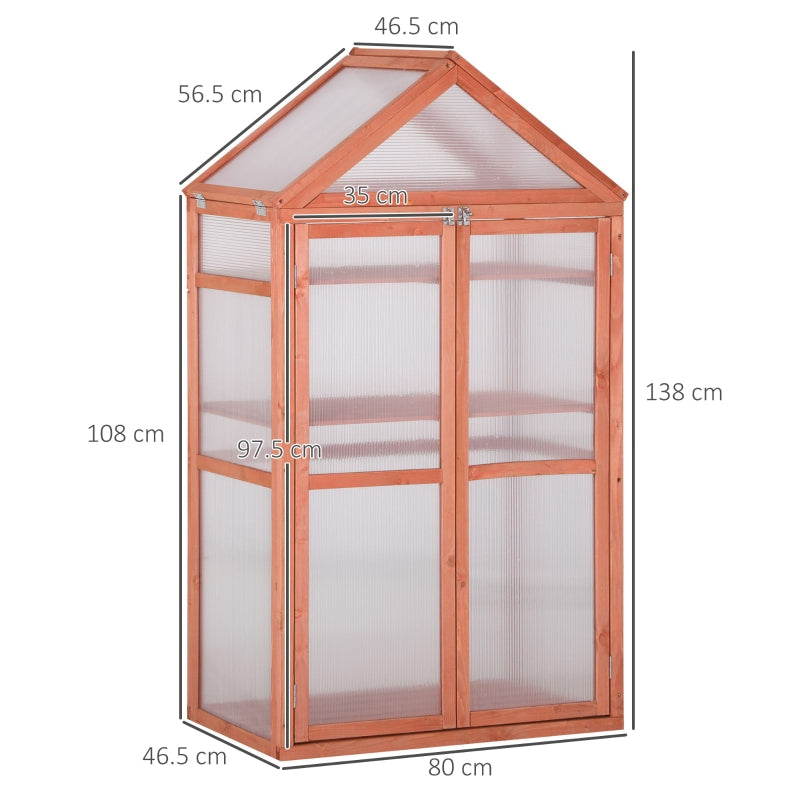 Outsunny 3-Tier Wooden Cold Frame Greenhouse Garden Polycarbonate Grow House w/ Adjustable Shelves, Double Doors, 80 x 47 x 138 cm, Orange