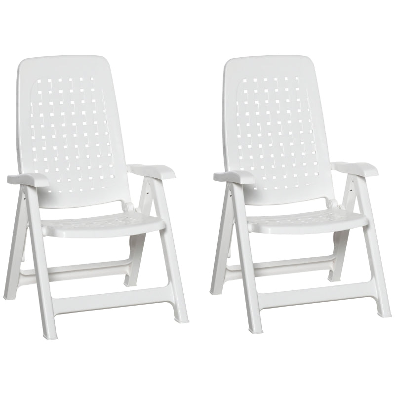 Outsunny Set of 2 Folding Plastic Dining Chairs with 4-Position Backrest, Reclining Armchairs for Indoor & Outdoor Events, Camping, White