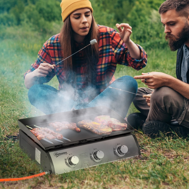 Outsunny Gas Plancha Grill with 3 Stainless Steel Burner, 9kW, Portable Tabletop Gas BBQ w/Non-Stick Griddle for Camping Picnic Garden Party Festival