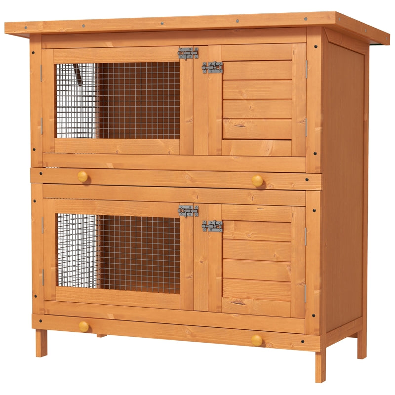 Pawhut Wooden Rabbit Hutch 2 Tiers Bunny House Rabbit Cage w/ Slide-Out Tray and Hinged Opening Roof Small Animal House for Indoor