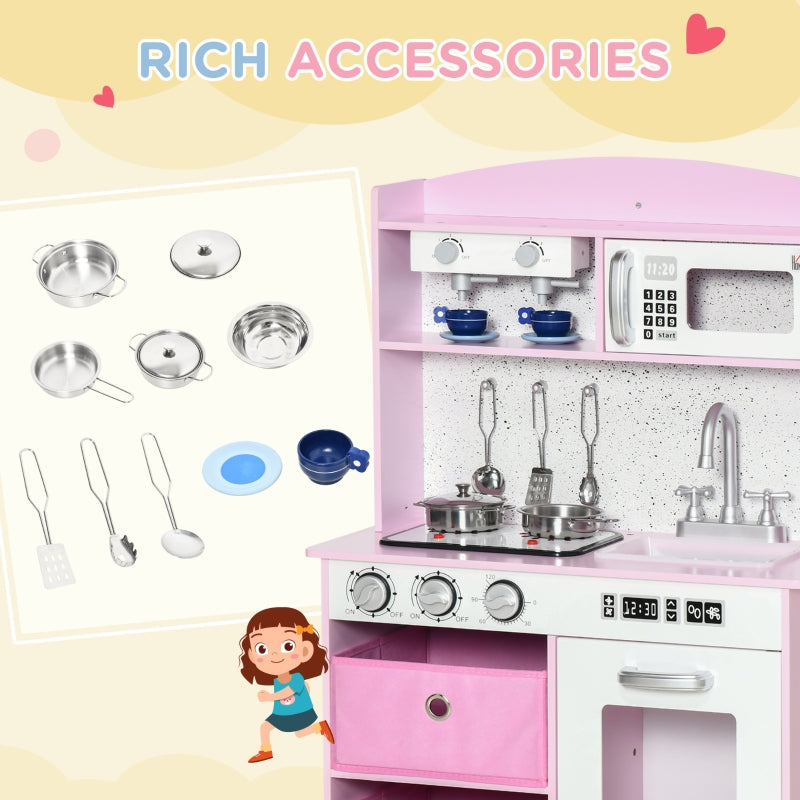 HOMCOM Wooden Play Kitchen with Lights and Sound, Kids Kitchen Playset with Coffee Maker Microwave Sink Utensils Storage Bins, Pretend Role Play Pink