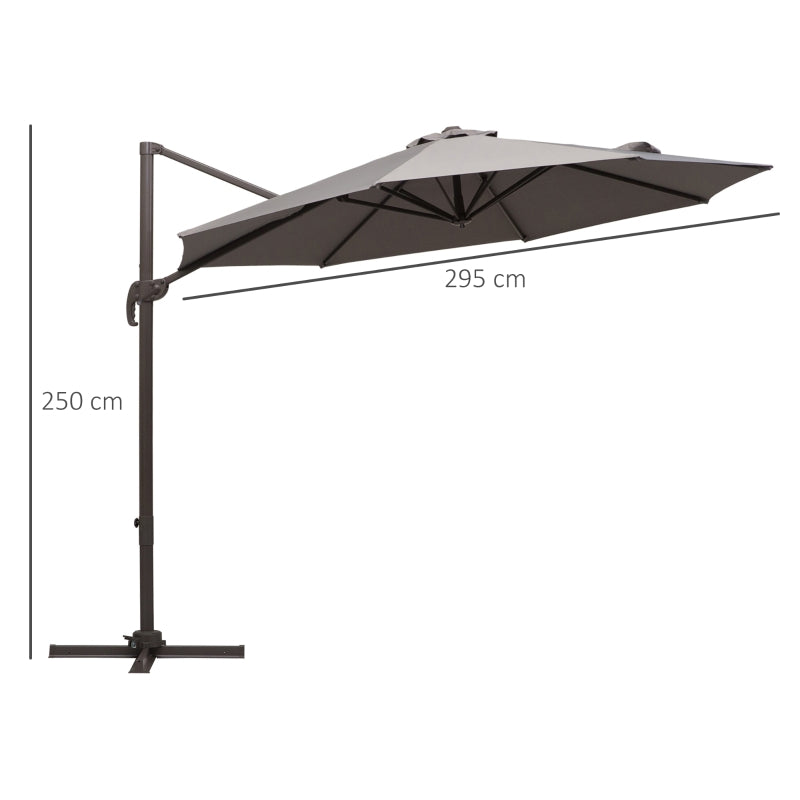 Outsunny 3M Roma Umbrella Sun Shade Cantilever Hanging Parasol w/ Cross Base Hand Crank Aluminium Frame 360°Rotation - Grey