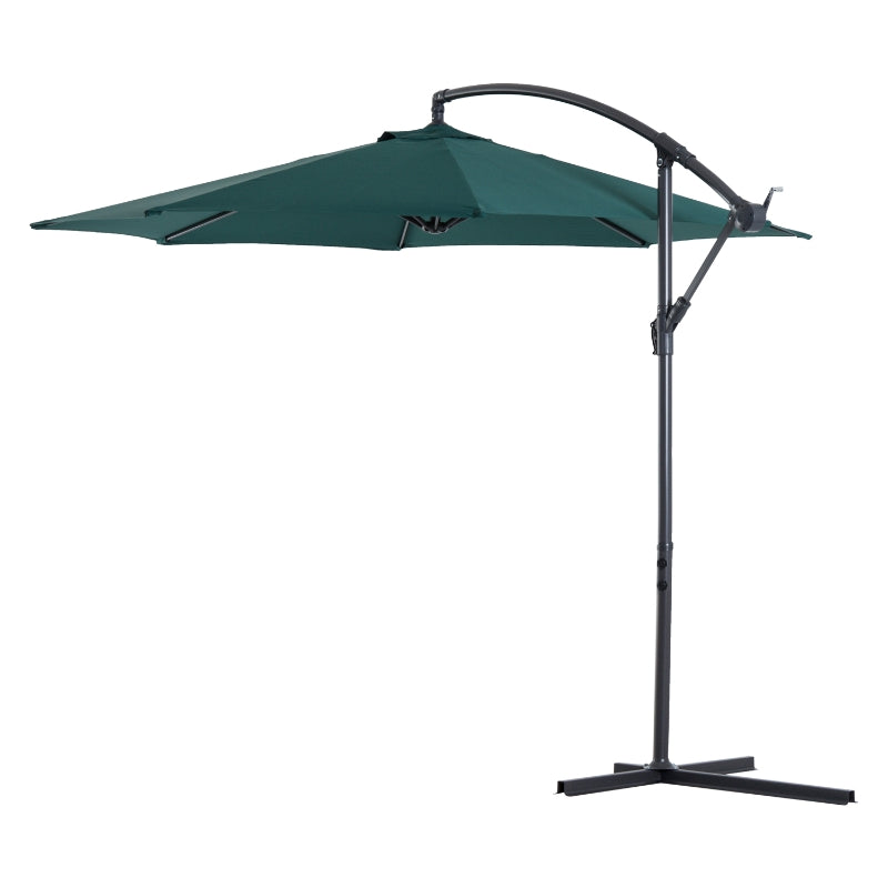 Outsunny 3(m) Banana Parasol Hanging Cantilever Umbrella with Crank Handle, 8 Ribs and Cross Base for Outdoor, Sun Shade, Dark Green 