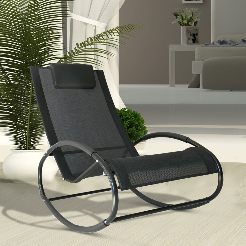 Outsunny Rocking Chair Sun Lounger Recliner Rocker Texteline Fabric Patio Garden Relaxer with Pillow Black