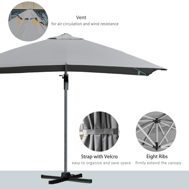 Outsunny 3 x 3(m) Square Cantilever Roma Parasol Garden Sun Umbrella Canopy Sun Shade Aluminium 360° Rotating & Cross Base, Light Grey Outdoor