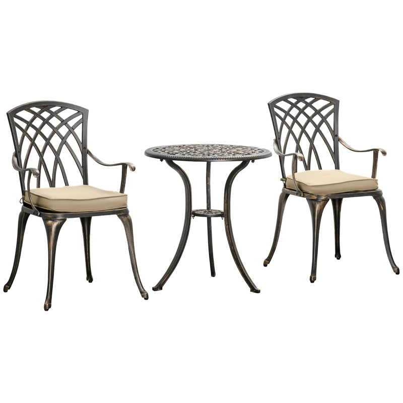 Outsunny 3 Piece Cast Aluminium Garden Bistro Set for 2 with Parasol Hole, Outdoor Coffee Table Set with Cushions - Bronze