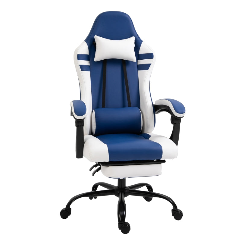 Vinsetto PU Leather Gaming Chair w/ Headrest, Footrest, Wheels, Adjustable Height, Racing Gamer Recliner, Blue White