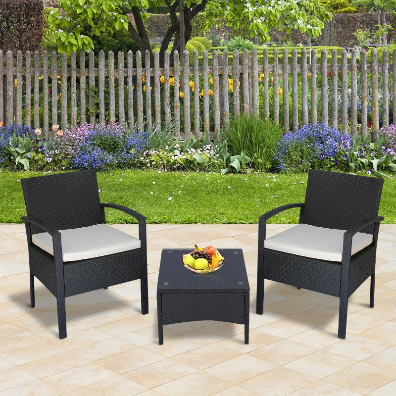 Outsunny Rattan Garden Furniture 2-Seater Sofa Chair Table Bistro Set Wicker Weave Outdoor Patio Conservatory Set Steel-Black