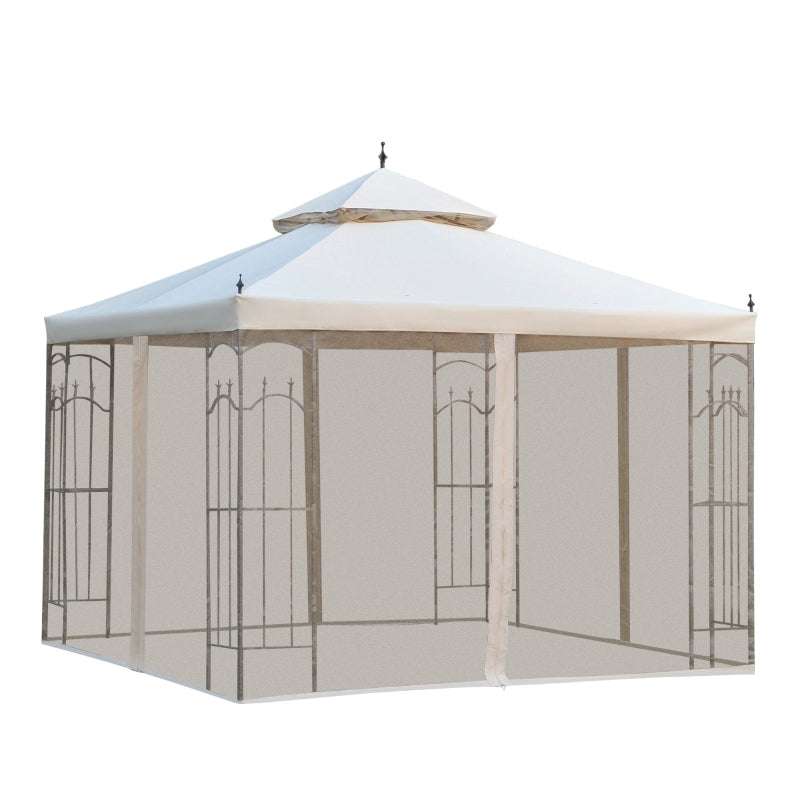 Outsunny 300x300cm Garden Gazebo Double Top Outdoor Canopy Patio Event Party Tent Backyard Sun Shade with Mesh Curtain Beige