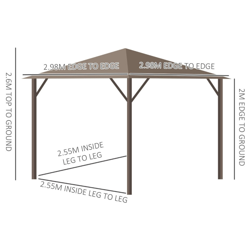 Outsunny 3 x 3 Meters Patio Aluminium Gazebo Hardtop Metal Roof Canopy Party Tent Garden Outdoor Shelter with Mesh Curtains & Side Walls - Brown