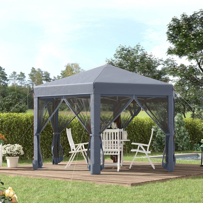 Outsunny 3.2m Canopy Rentals Pop Up Gazebo Hexagonal Canopy Tent Outdoor Sun Protection w/ Mesh Sidewalls, Handy Bag, Grey