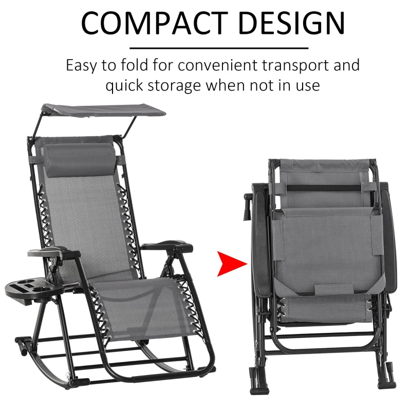 Outsunny Garden Rocking Chair Folding Recliner Outdoor Adjustable Sun Lounger Rocker Zero-Gravity Seat with Headrest Side Holder Patio Deck - Grey