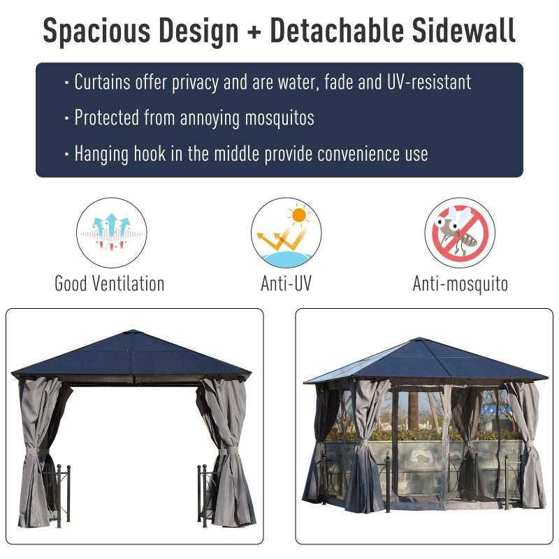 Outsunny 3 x 3(m) Hardtop Gazebo Canopy with Polycarbonate Roof, Steel & Aluminium Frame, Garden Pavilion with Mosquito Netting and Curtains, Black