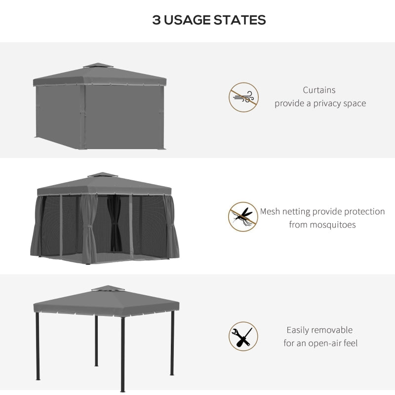 Outsunny 3 x 3(m) Patio Gazebo Canopy Garden Pavilion Tent Shelter Marquee with 2 Tier Water Repellent Roof, Mosquito Netting and Curtains, Dark Grey