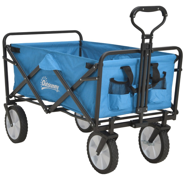 Outsunny Garden Trolley Cart Folding Cargo Wagon Trailer Trolley for Beach Garden Use with Telescopic Handle - Blue