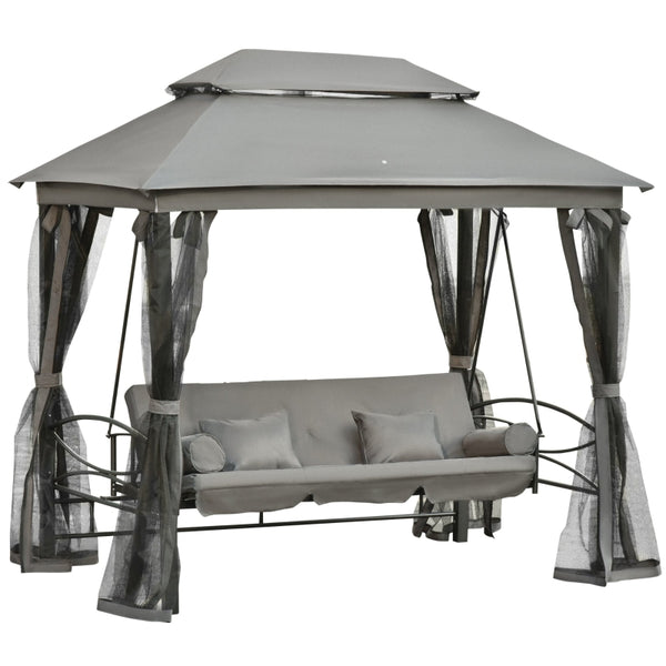 Outsunny 3 Seater Swing Chair Hammock Gazebo Patio Bench Outdoor with Double Tier Canopy, Cushioned Seat, Mesh Sidewalls, Grey