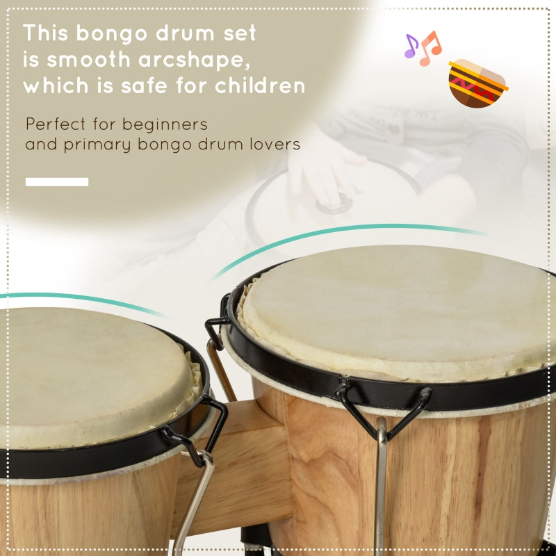 HOMCOM Wooden Bongo Drum Set w/ Sheepskin Drum Head, Percussion Instrument, Φ7.75" & Φ7" Drums, for Kids Adults, w/ Tuning Wrench