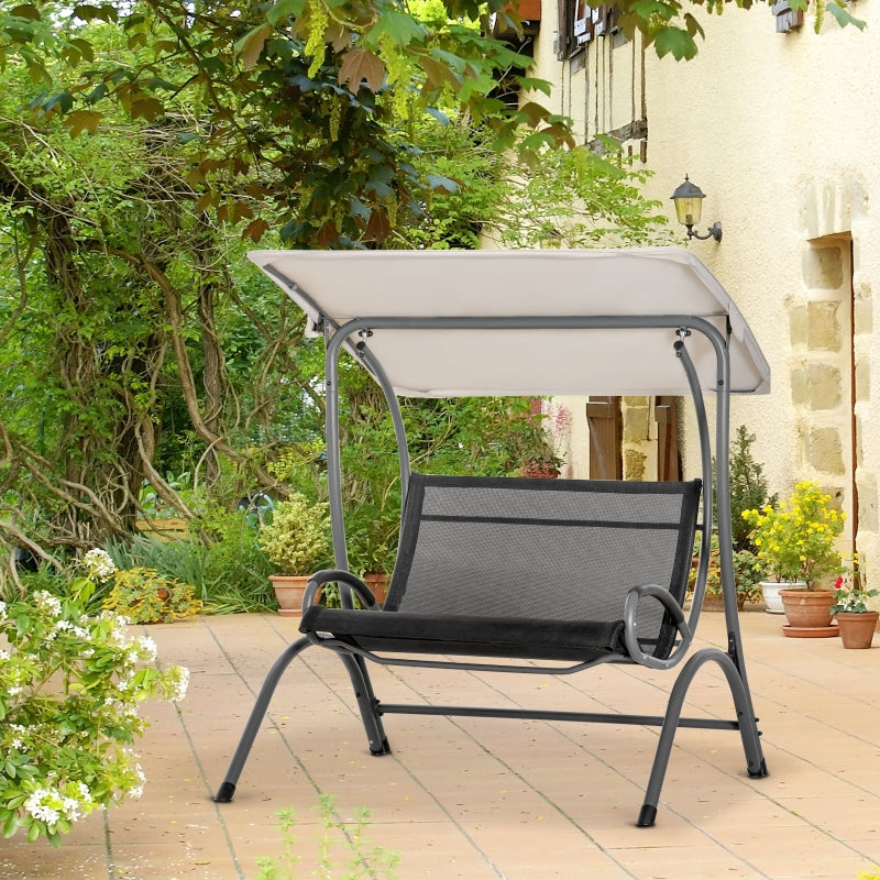 Outsunny 2 Seater Garden Swing Chair Outdoor Hammock Bench w/ Adjustable Tilting Canopy, Texteline Seats and Steel Frame, Beige