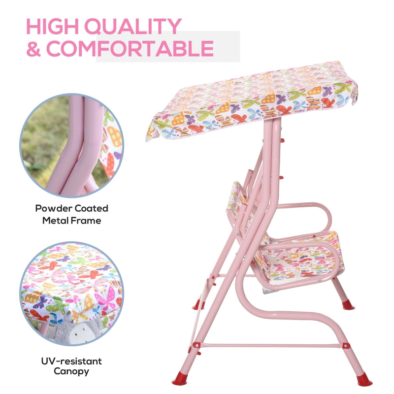 Outsunny 2-Seat Kids Canopy Garden Swing Chair Hammock Lounge Toddler Seat Belt Awning Pink