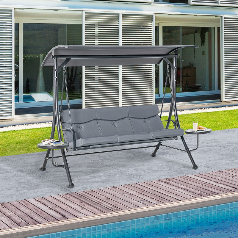 Outsunny 3 Seater Garden Swing Chair with Adjustable Canopy, Cushion and Coffee Tables for Outdoor Patio Garden Grey