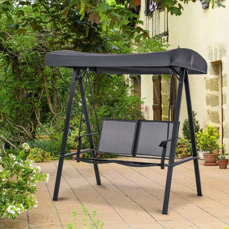 Outsunny 2 Seater Garden Swing Seat Swing Chair Outdoor Hammock Bench w/ Adjustable Tilting Canopy, Texteline Seats and Steel Frame, Dark Grey