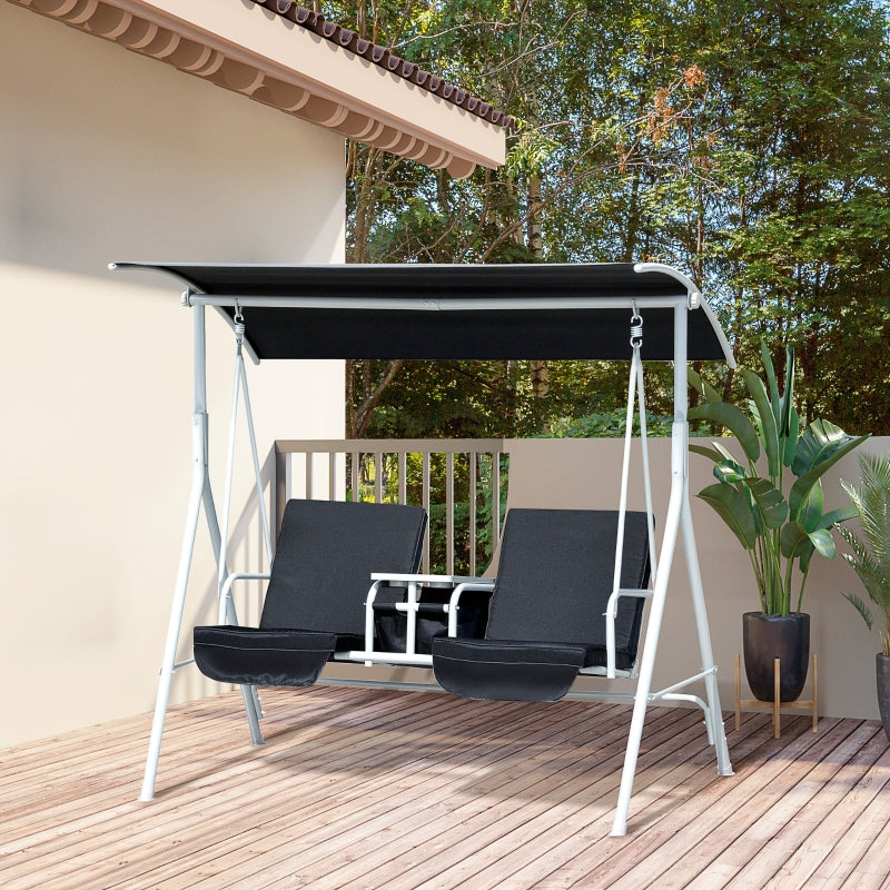 Outsunny 2 Seater Garden Swing Chair Patio Rocking Bench w/ Tilting Canopy, Double Padded Seats, Storage Bag and Tray, Black