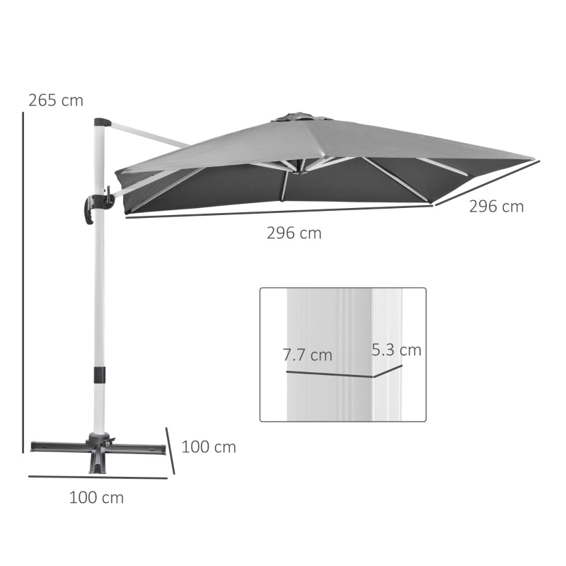 Outsunny 3 x 3(m) Cantilever Parasol, Square Garden Umbrella with Cross Base, Crank Handle, Tilt, 360° Rotation and Aluminium Frame, Grey