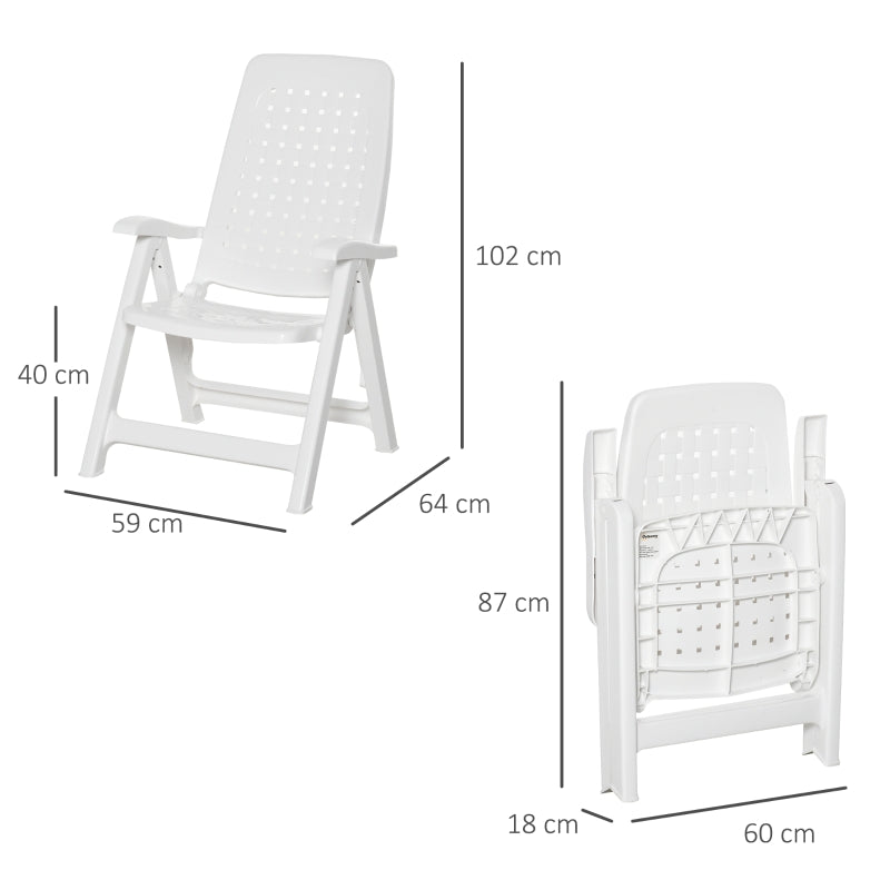 Outsunny Set of 2 Folding Plastic Dining Chairs with 4-Position Backrest, Reclining Armchairs for Indoor & Outdoor Events, Camping, White