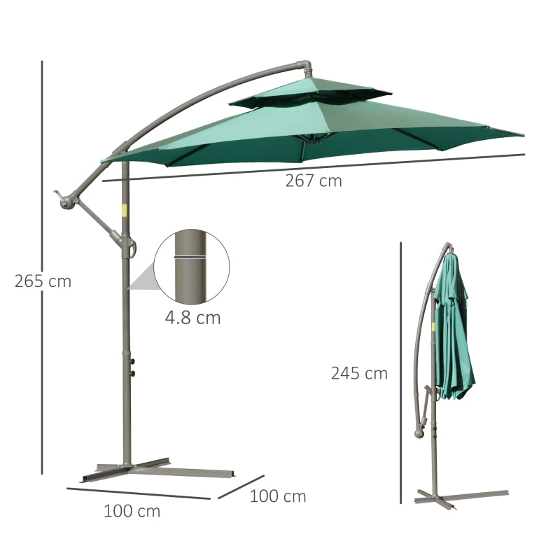 Outsunny 2.7m Banana Parasol Cantilever Umbrella with Crank Handle , Double Tier Canopy and Cross Base for Outdoor, Hanging Sun Shade, Green