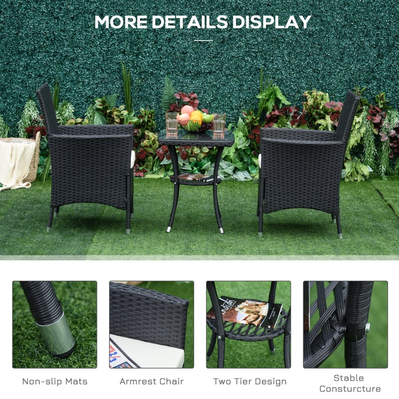 Outsunny Garden Outdoor Rattan Furniture Bistro Set 3 PCs Patio Weave Companion Chair Table Set Conservatory (Black)