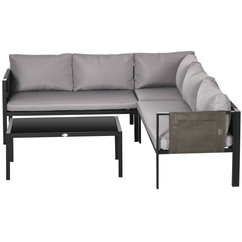 Outsunny 4 Piece Garden Furniture Set Metal Sofa Set w/ Tempered Glass Coffee Table, Conversational Corner Sofa Loveseat w/Padded Cushions Light Grey