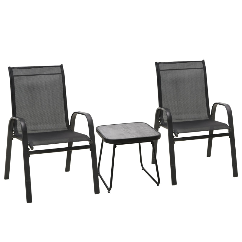 Outsunny 3 Pieces Outdoot Bistro Set, Patio Stackable Armchairs with Breathable Mesh Fabric and PSC Board Coffee Table, Black